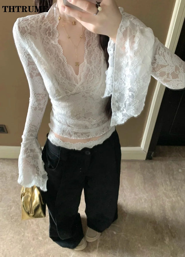 Sexy V-Neck Sheer T-Shirts Flare Long Sleeve Spring Lace Slim Pullovers Tops Casual Evening Party Club Chic
