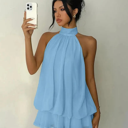 Women Halter Neck Backless Tie Mini Dress Summer Sleeveless Chiffon Ruffle Short Dresses Sexy Club Party Beach Vacation Outfit