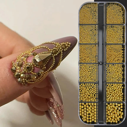 1 Box Half Round Flatback Nail Rhinestones Multi Size Gold& Silver Metal Pearls Caviar Nail Art Decorations Flat Back Gold Beads