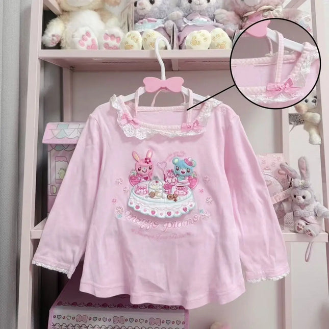 Japanische Kawaii Cartoon Grafikdruck T-Shirts Damen Rosa Süße Spitze Naht Tops Subkultur Harajuku T-Shirts Süße Schleifen Kleidung