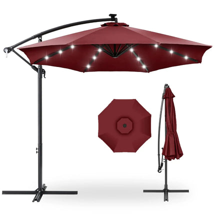 10ft Solar LED Offset Cantilever Hanging Market Patio Umbrella, 8 Sturdy Ribs, Easy Adjustment - Gray, Customized