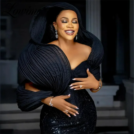 2024 Elegant Black Evening Dresses Aso Ebi Mermaid Prom Dress Plus Size Off The Shoulder Celebrity Party Gowns Robe De Soiree