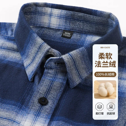 50S 2025 New In Autumn and Winter Pure Thick Cotton Flannel Polished Plaid Shirt With Pocket Men's Casual  Long-sleeved Shirt