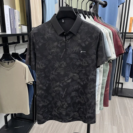 Mens Business Casual Feather Print Short Sleeve Polo Shirts Tops Soft Breathable Fashion Shirts for Men