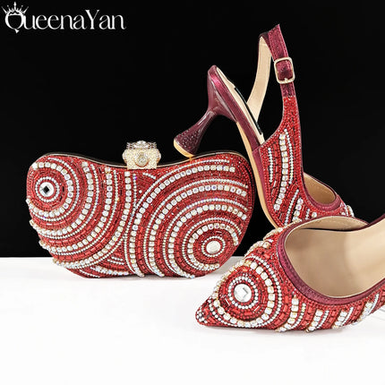 Queena Yan Nigerian Heel Party for Women Silver Color Shoes and Bag Set Rhinestone Handbag Italian Design Wedding INS 2025