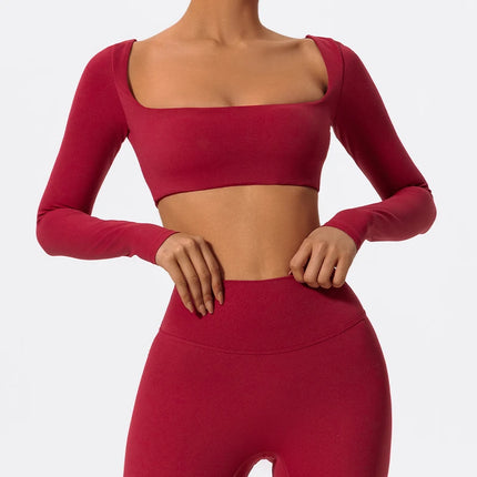 Hearuisavy Summer Casual Quick Dry Sportswear Women Square Neck Gym Top Women Fitness Sports Crop Top Long Sleeve Yoga Clothing
