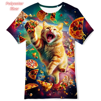 3D Print Fun Cute Cat T-Shirt For Men Pizza Burger Pattern Tees Summer Street Casual Short Sleeve Tops Loose Round Neck T Shirts