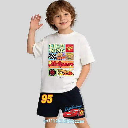 2026 Cars of the Universe Children's Pure Cotton Short-Sleeved Shorts for Boys with Cartoon Print Summer T-shirt Set of 2 Pieces