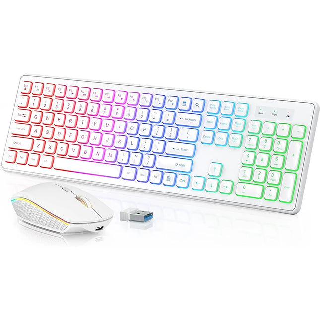 Backlit Wireless Keyboard and Mouse,Quiet Light Up Keys, Tilt Legs, Rechargeable USB Cordless Combo for Computer - product im