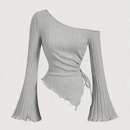 Women's Off-Shoulder Cross Long-Sleeved Slim Fit T-Shirt Asymmetrical Street Style Casual Elegant Top with Trumpet Sleeves