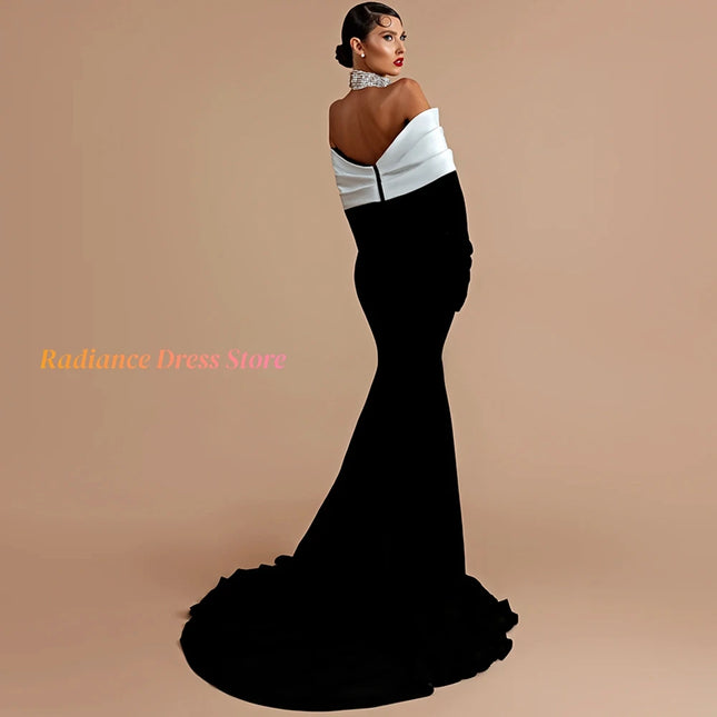 Kontrastfarbenes Kristall Meerjungfrau Abendkleid schulterfrei Ballkleider Maßgeschneiderter Luxus Hofschleppe Celebrity Kleider