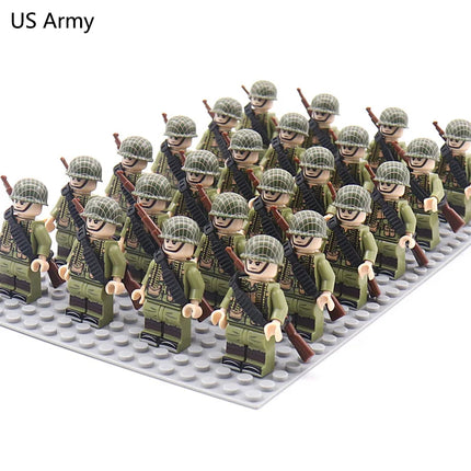WW2 24pcs/Lot Military Soldiers Building Blocks Set Weapons Soviet US UK China France Army Action Figures Bricks Toys Kids Gifts