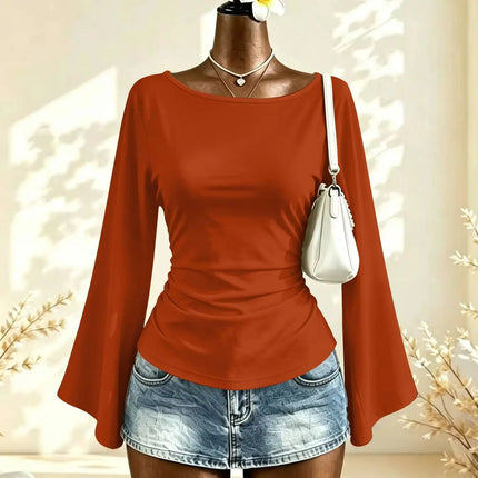 Women Boat Neck Flare Long Sleeve Side Ruched Fitted Casual Blouse Slim Fit Basic Top