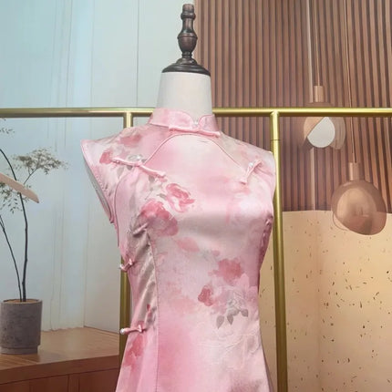 Womens Pink Floral Sleeveless Qipao Improved Chinese Style Maxi Dress