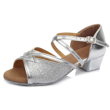 Silver-tone open-toe dance shoe with a broad front panel