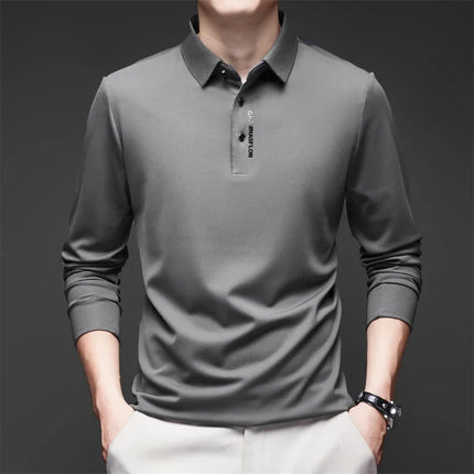 New Men's Business Casual Long Sleeved Shirt with Badge Solid Color Polo Shirt Fashionable Breathable