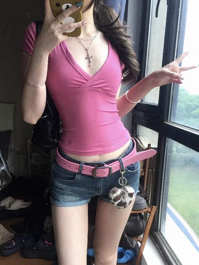 Sexy V Neck T-shirt Short Sleeve Slim Solid Crop Tops Y2k Fairycore Vintage Tops Streetwear Japanese 2000s