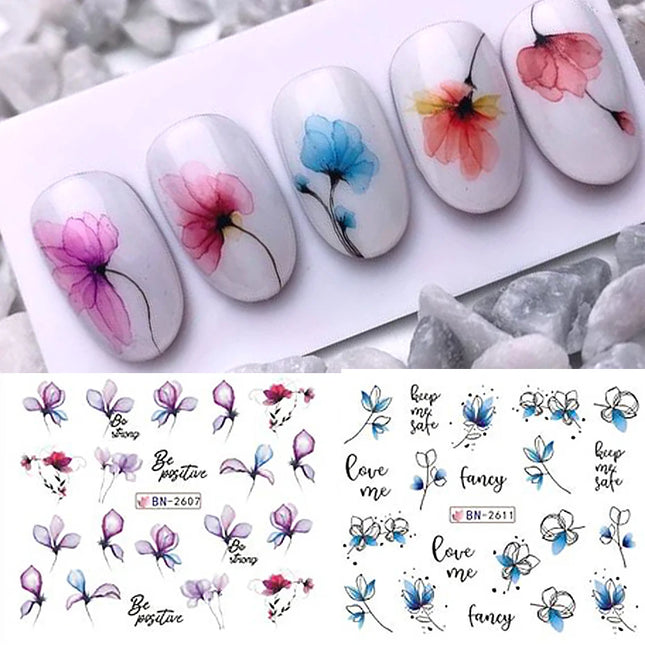 12 pegatinas de tinta para uñas con diseño de flores, calcomanías de agua de verano, flores floreciendo, hojas, grafiti, deslizador, decoración de uñas, láminas de tatuaje