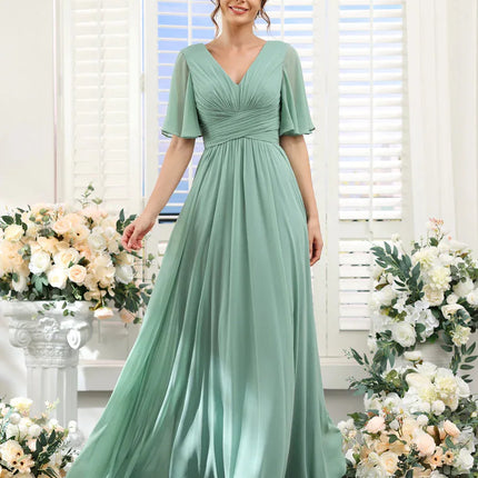 A Line Chiffon Bridesmaid Dresses Short Sleeve V Neck Slit Pleat Elegant Wedding Party Formal Prom Evening Zipper Back