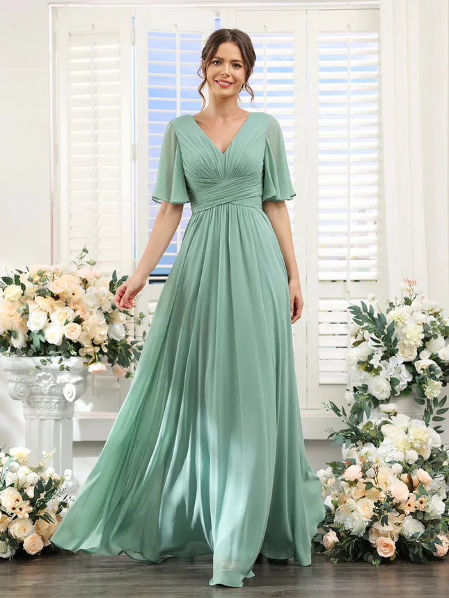 A-Linie Chiffon Brautjungfernkleider Kurzarm V-Ausschnitt Schlitz Falten Elegant Hochzeit Party Formeller Abschlussball Abend Reißverschluss hinten