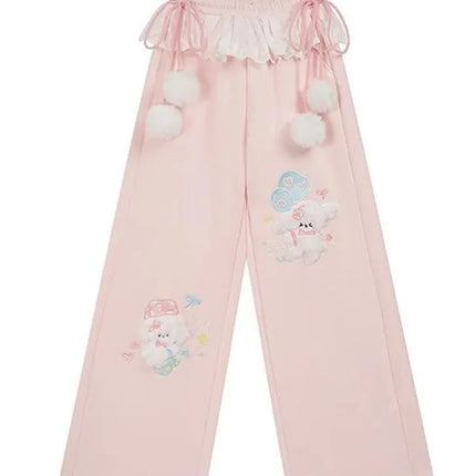 Cute Cartoon Wide Leg Pant Women Lace Patchwork High Waist Sweet Trousers Vintage Japan Preppy Style Fall Winter Kawaii Pants