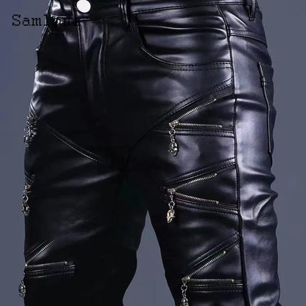 2025 Rock Style PU Leather Pants Sexy Night Club Dance Pants Men Fashion Multi-Zipper Faux Leather Slim Motorcycle Trouser New