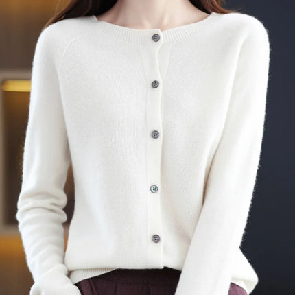 New Fashion Spring 100% Merino Wool Womens O-neck Cardigan Cashmere Sweater 2024 Female Clothing Grace Knitwear Korean Tops