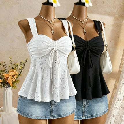 Women Sweetheart Neck Drawstring Ruched Peplum Cami Top Polka Dot Print Sleeveless Casual Camisole Outfit
