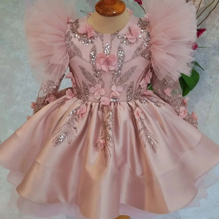 Custom Flower Girl Dress Wedding Gown First Christmas Party Dress Puff Sleeve Glitter Floral Appliqué High Low Gown for Girls