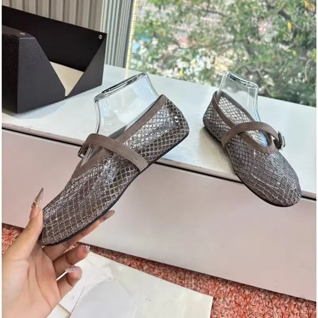 Hohle Mesh-Strass-Ballerinas für Damen, flache Mary-Jane-Einzelschuhe, Riemchen-Fischnetzschuhe