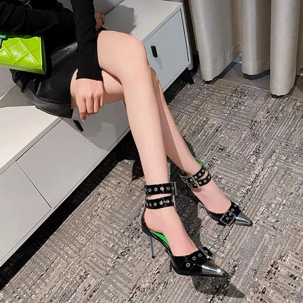 High Heels Women's Summer 2026 New Pointed Toe Metal Buckle Stiletto Heel Studded Sandals
