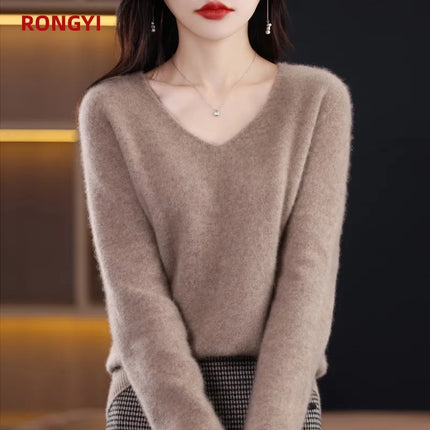 Sweater 100% Merino Wool Knitwears Autumn Winter Cashmere Knitted V-Neck Pullover Solid Jumper Clothing Tops