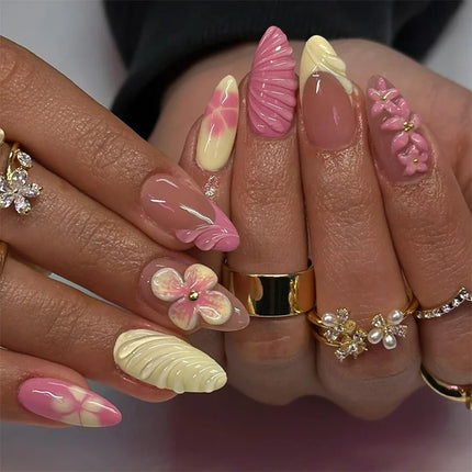 24pcs Almond False Nails Tips Summer Beach Colorful Nails Sets with Pearl Flower Design Press on Nails Art Wearable Fake Nail