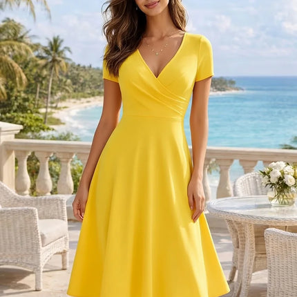 Women's Elegant Round Neck Summer Short Sleeve Solid A-Line Knee-length Dress High Waist Swagger Party Wedding Casual Departure
