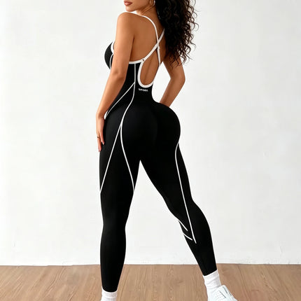 Women Contrast Piping Yoga Jumpsuit Thin Strap Open Back One Piece Workout Bodysuit High Elastic Slim Fitness Gym Sports Rompers