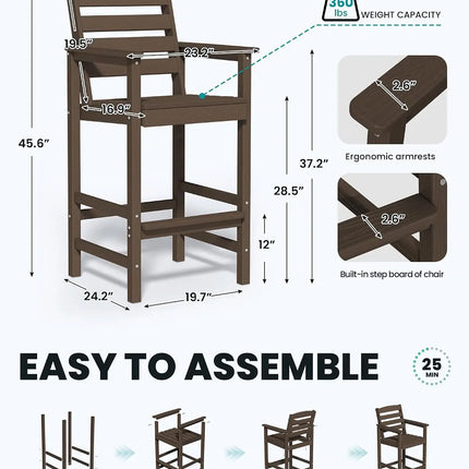 Two Piece Set High Top Patio Adirondack Chairs, Balcony Height Outdoor Barstool Seating Combination with Footrest for Backyard Garden Poolside Bistro Lawn, Coffee
