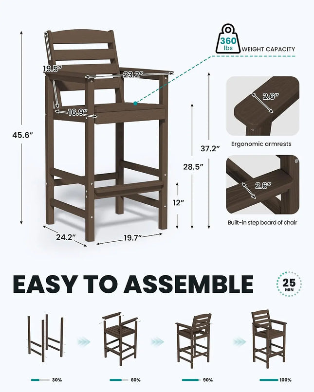Two Piece Set High Top Patio Adirondack Chairs, Balcony Height Outdoor Barstool Seating Combination with Footrest for Backyard Garden Poolside Bistro Lawn, Coffee
