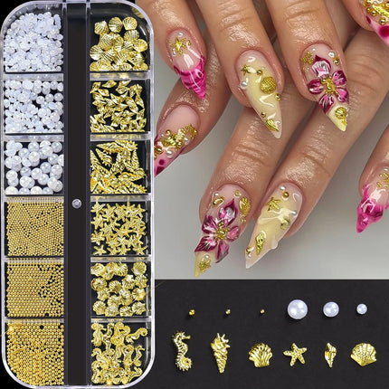 6 Grids Metal Summer Ocean Nail Art Charms 3D Shell Starfish Seahorse Caviar Beads Alloy Nail Jewelry Mixed Manicure Studs Decor