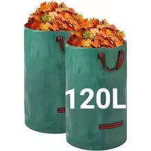 Pair of green leaf bags filled with autumn leaves, labeled 120L