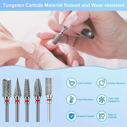 5 pcs Tungsten Carbide Nail Art Drill Bits for Removing Acrylic and Gel, 3/32 Inch Nail Art Tools for Nail Salon and Home Use