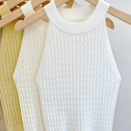 2026 Summer New Women's Knitted Halter Camisole Slim Fit Sleeveless Base Tank Tops Solid Color O-neck Outerwear Vests Crop Tops