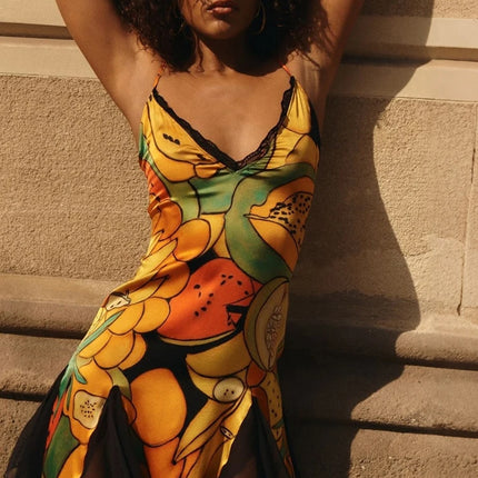 Whatiwear Fashion Mini Dress Woman Colorful Print Mesh Patchwork Low-Neck Backless Sleeveless Summer Holiday Beach Style Bodycon