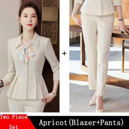 2024 New Spring Female Elegant Women's Skirt Suits Apricot Navy Blue Blazer +Trouser Bussiness Jacket Office Lady 2 Pieces Set
