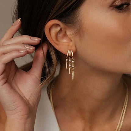 14k Gold Plated Triple Huggie Stud Earrings for Women Sparkling CZ Chain Tassel Hypoallergenic Dangle Earrings Jewelry Gifts