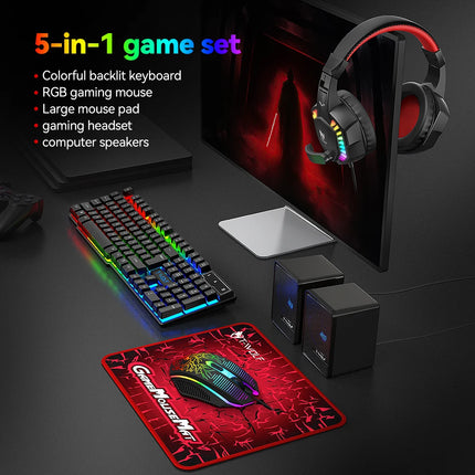 5-in-1 Set Gaming Combo Keyboard 4-color Breathing Light Mouse 3.5mm Gaming Headset Gaming Speaker Anti-slip Mouse - product