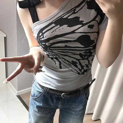 Butterfly Off Shoulder Summer T Shirt Korean Harajuku Aesthetic Print Short Sleeve Body Tops Tees Cotton Bow