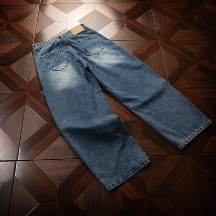 Spring New American Curved Washed Man Pants Loose Vintage Street Denim Regular Straight Wide Leg Jeans Men