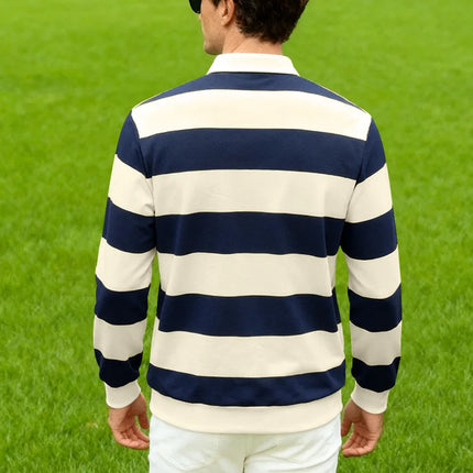 Men's striped rugby polo long-sleeved collar shirt casual school outdoor sports casual 3d printing spring, autumn and winter