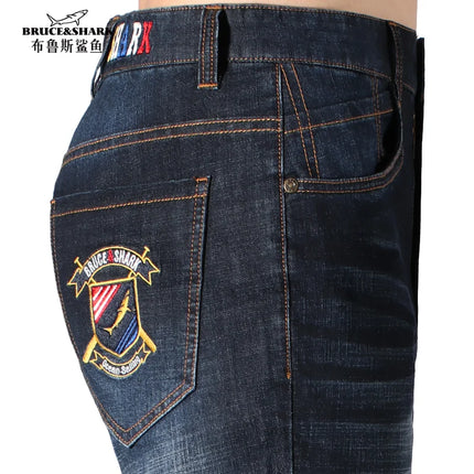 New Summer Thin Dark Blue Casual Loos Straight Men's Jeans Stretch Cotton Bruce&Shark Jeans for Men  Fashion Mid Waist Big Size