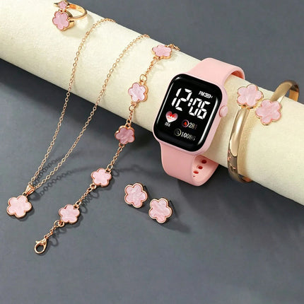 Children's Square LED Silicone Electronic Watch And Flower Accessory Set Daily Wear Birthday Gift for Kids